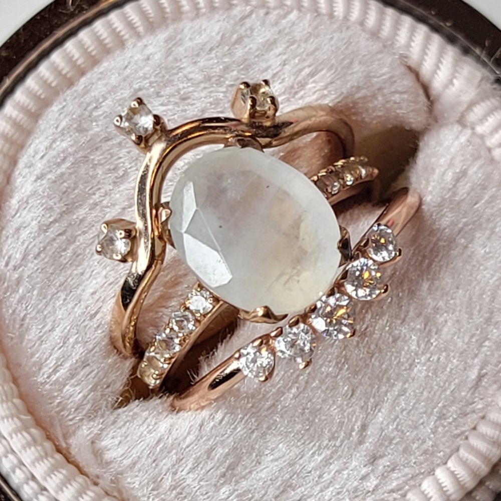 Rose Gold Moonstone MoonMagic brand Harlow Ring, Wreath Band, & Archer Band.